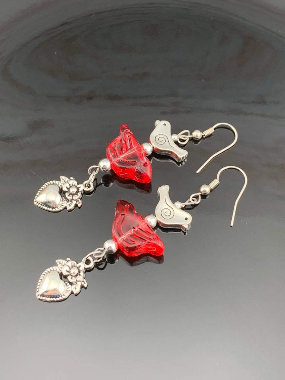 RED Bird Silver Toned Bird Flowered Heart Handmade Handcrafted Earrings LR202
